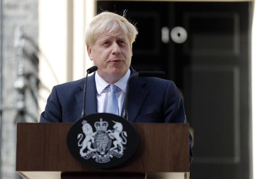 Britain's Prime Minister Boris Johnson speaks outside 10 Downing Street, London