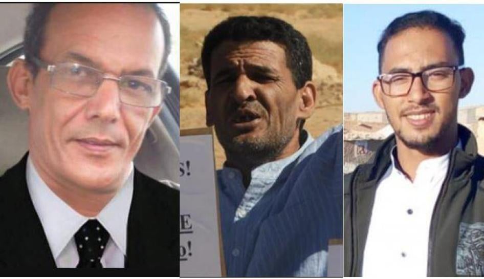 (De gauche à droite) Fadel Mohamed Breica, Moulay Abba Bouzid, et Mahmoud Zeidan, arrêtés entre le 17 et le 19 juin 2019 dans les camps de réfugiés sahraouis près de Tindouf, en Algérie.