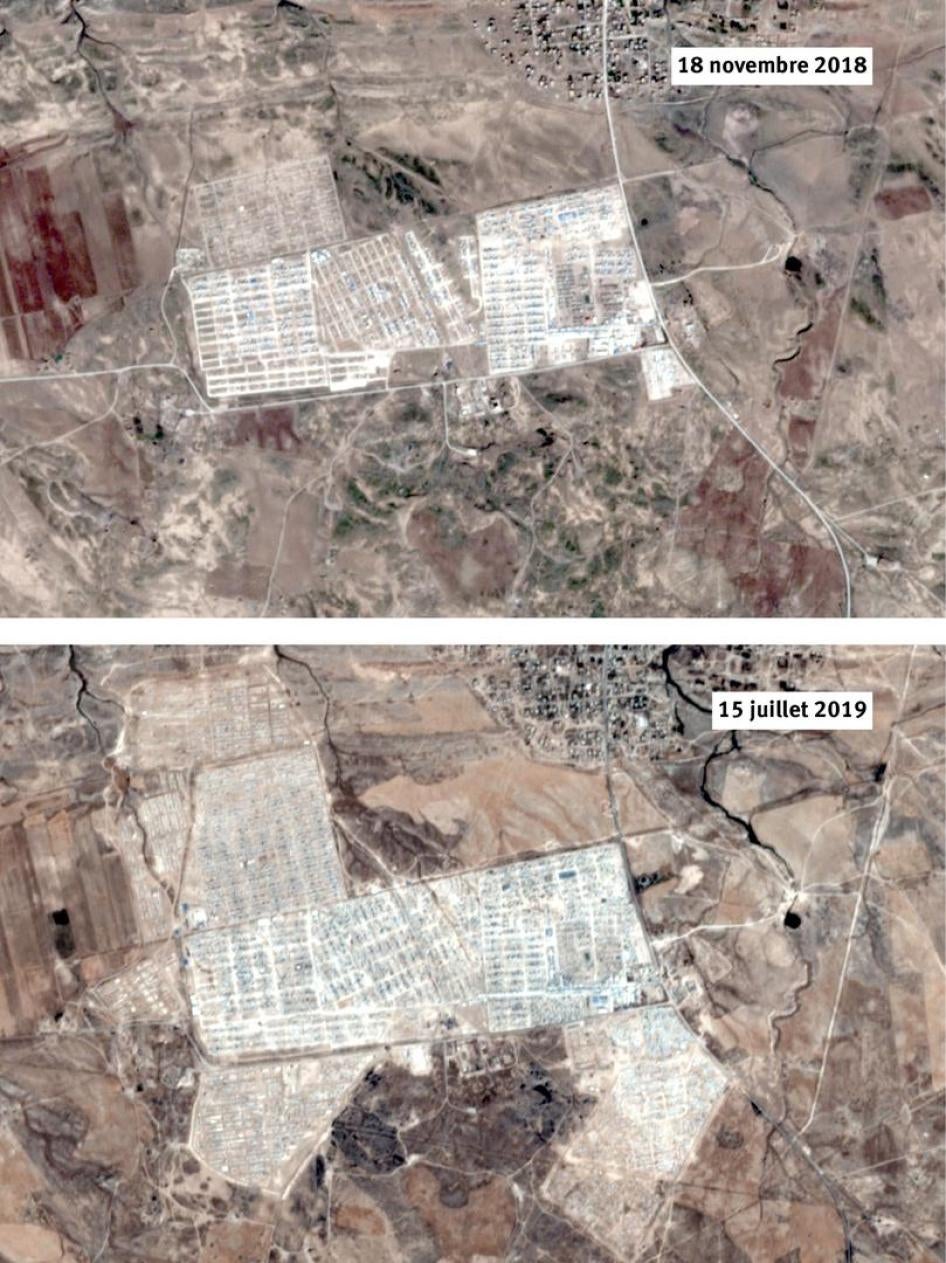 Le camp d’Al-Hol, dans le nord-est de la Syrie, s’est rapidement agrandi avec le flux de plus de 63 000 femmes et enfants déplacés par l’offensive contre l’État islamique (alias EIIL) à Baghouz de décembre 2018 à avril 2019. La zone en bas à droite montre