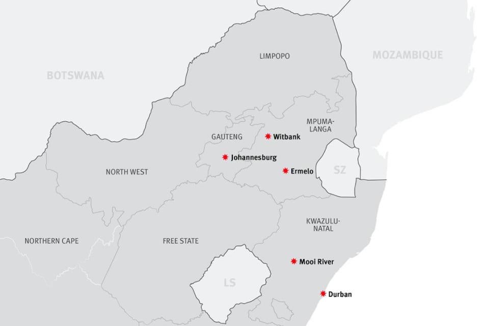 Map of locations where Human Rights Watch documented attacks on foreign truck drivers in South Africa. © Human Rights Watch 2019