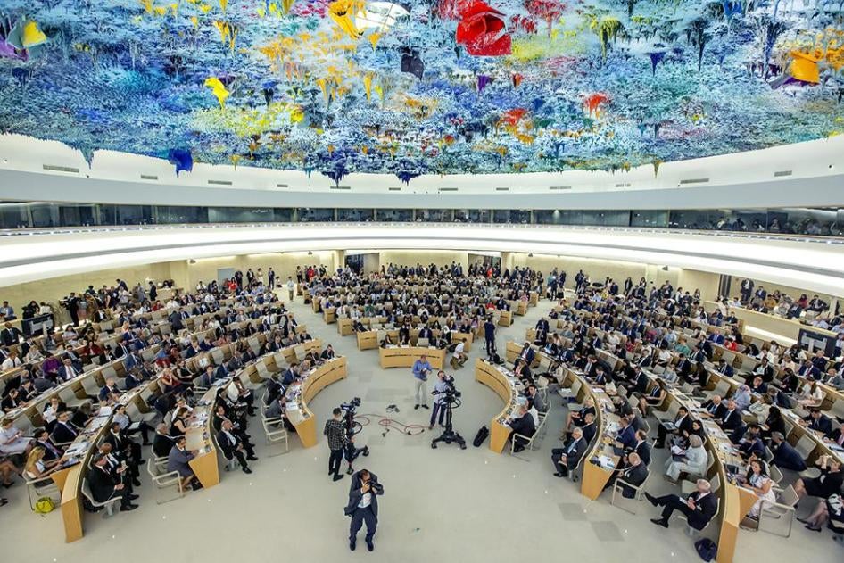 Delegates sit at the opening of the 41th session of the Human Rights Council, at the European headquarters of the United Nations in Geneva, Switzerland, Monday, June 24, 2019.