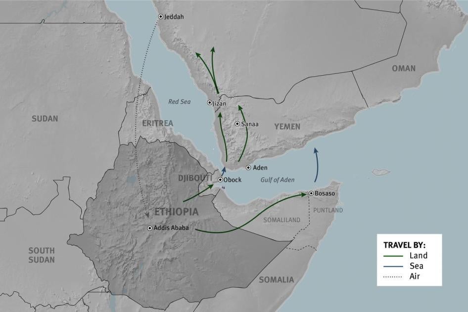 Migration routes between Ethiopia and Saudi Arabia © Human Rights Watch 