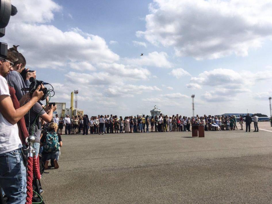Journalists and families of Ukrainian political prisoners waiting at the Boryspil airport in Kyiv,