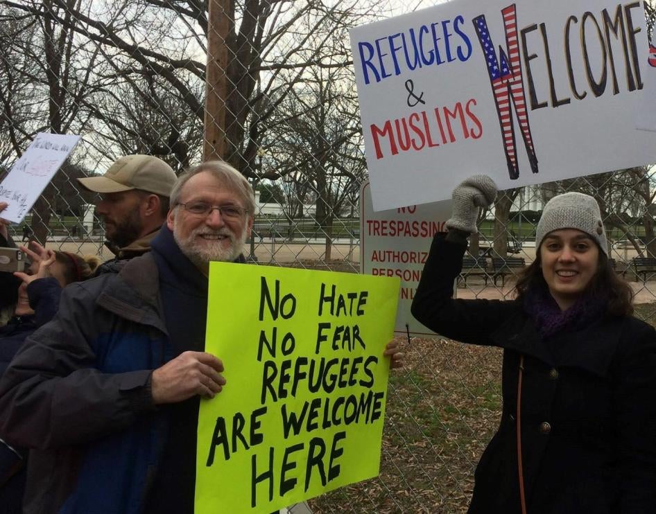 Protesters in Lafayette Park on January 29, 2017, outside the White House, demonstrate against President Trump’s executive order suspending refugee admissions and barring entry of travelers from seven Muslim majority countries.