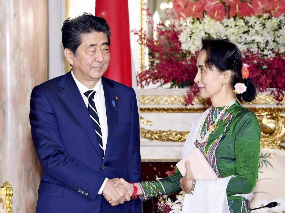 Aung San Suu Kyi, a Burmese politician, diplomat, author, and Nobel Peace Prize laureate (1991), meets Japan's Prime Minister Shinzo Abe at Akasaka Palace in Minato Ward, Tokyo on October 21, 2019. Aung San Suu Kyi comes to Japan to attend an enthronement