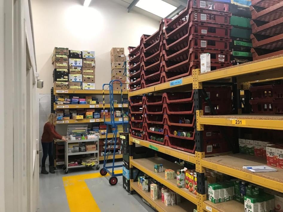 Shelves running low on supplies at the Black Country Food Bank warehouse, Brierley Hill, West Midlands. The warehouse stores food for 23 distribution centers in the region. October 7, 2019. 