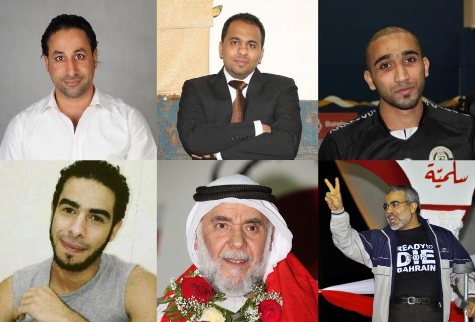 Six prisonniers bahreïniens. En haut (de gauche à droite) : Naji Fateel, Ali Hajee, Ahmad al-Arab. En bas (de gauche à droite) : Elyas al-Mulla, Hassan Mushaima, Abduljalil al-Singace.