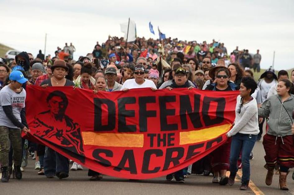 Native Americans protest construction of the Dakota Access oil pipeline in North Dakota on September 4, 2019. © 2019 AFP via Getty Images/Robyn Peck 