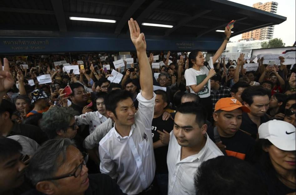 Thailand's Future Forward Party leader Thanathorn Juangroongruangkit gestures as he talks to his supporters during rally in Bangkok, Thailand, Saturday, December 14, 2019. 