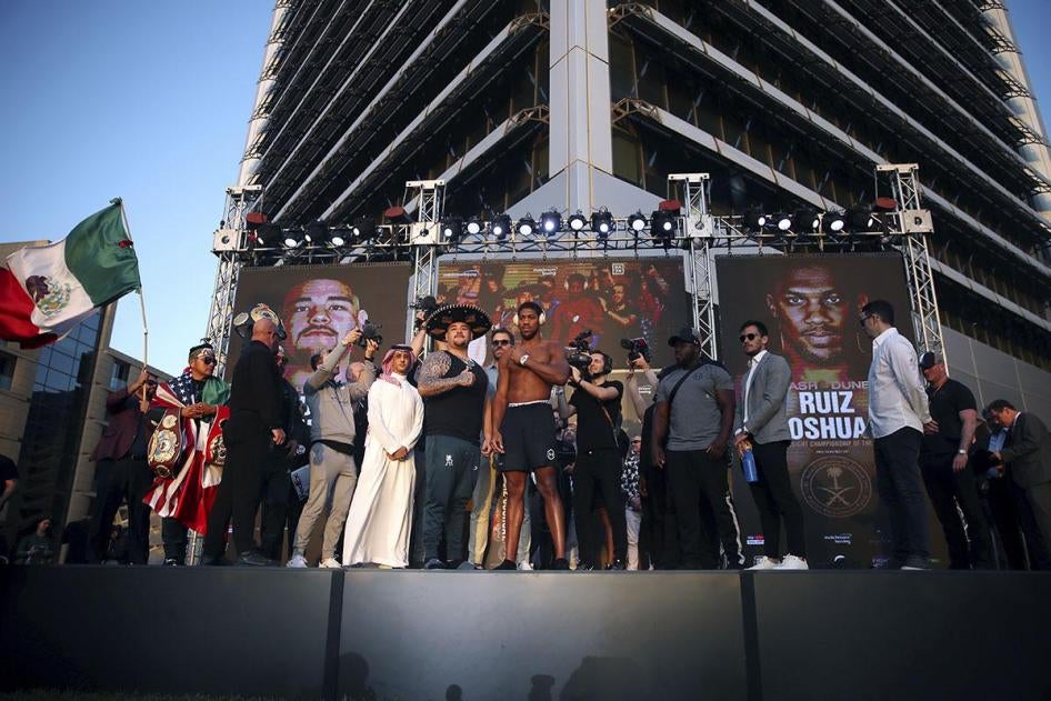 Andy Ruiz Jr (left) and Anthony Joshua during the weigh in at the Al Faisaliah Hotel in Riyadh, Saudi Arabia, December 6, 2019.