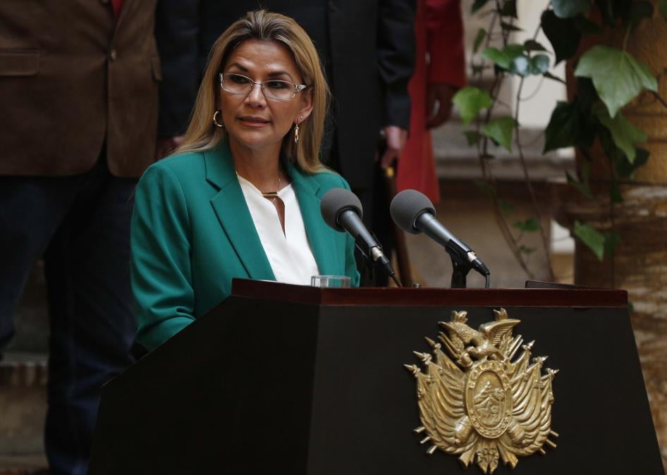 Bolivia's interim President Jeanine Áñez addresses the nation at the presidential palace in La Paz, Bolivia, Wednesday, Jan. 22, 2020. 