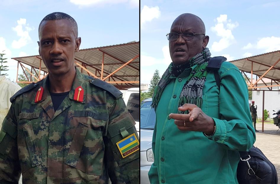 Colonel Tom Byabagamba (left) and retired Brigadier General Frank Rusagara (right) arrive at the court to appeal their 2016 conviction on charges including tarnishing the government’s image and inciting insurrection, in Kigali, Rwanda, on December 27, 201