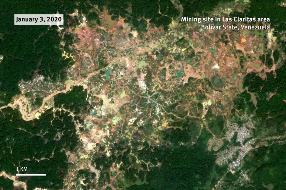 Imágenes satelitales registradas al 3 de enero de 2020 muestran la extensión de las minas de Las Claritas en el estado Bolívar de Venezuela.