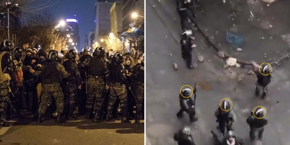 Left: Security forces with white stripes on their helmets outside Tehran’s Amir Kabir University on January 11, 2020. Right: A similar stripe on the helmets of security forces that opened fire on protesters in Tehran.