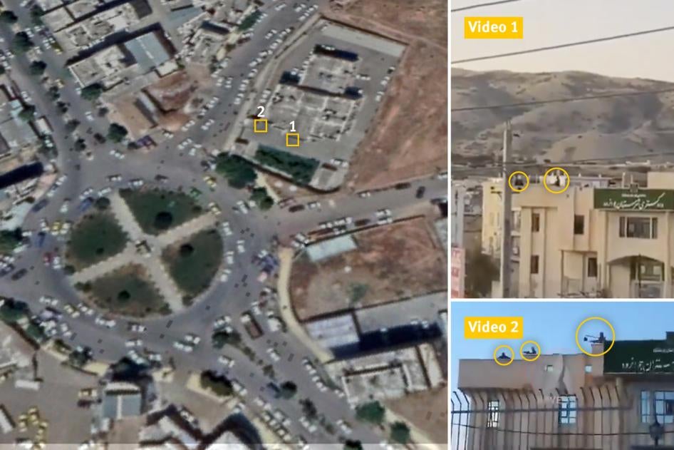 Left: Satellite image of Javanrud city in Kermanshah Province, recorded on June 12, 2019, showing the location the courthouse. Right: Stills from two videos posted to Twitter on November 18, 2019 that show three gunmen firing down from the rooftop.