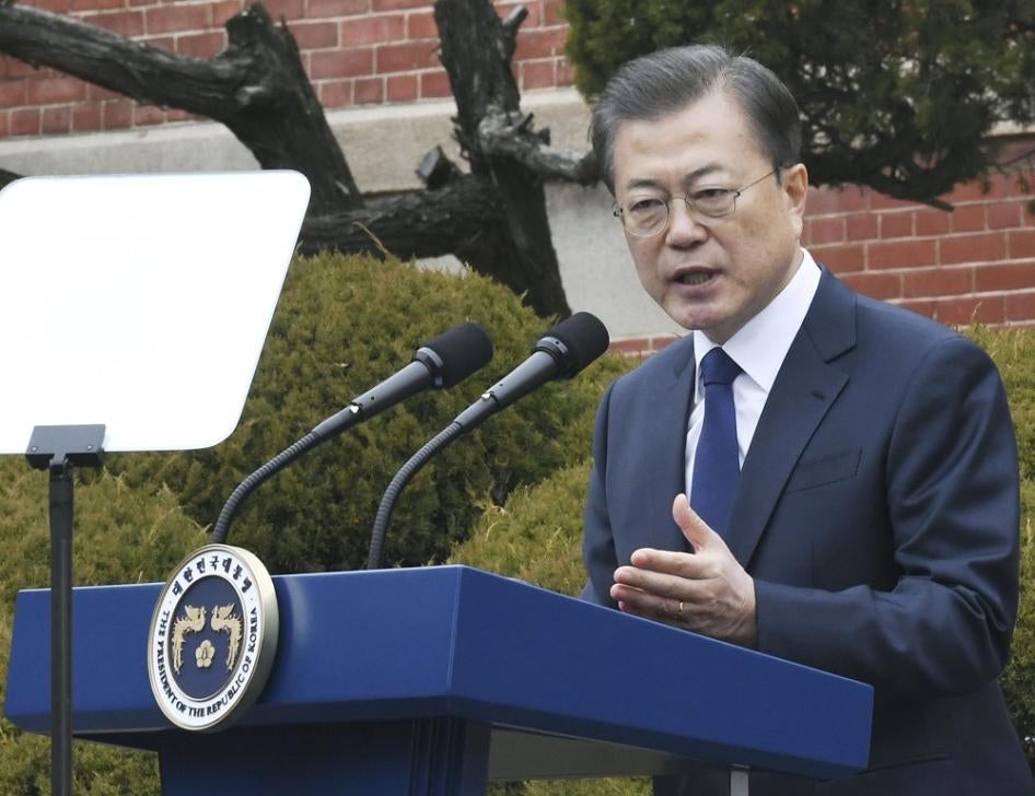 South Korean President Moon Jae In delivers a speech in Seoul on March 1, 2020, in a ceremony to mark the 101st anniversary of the founding of a Korean independence movement against Japanese colonial rule. 