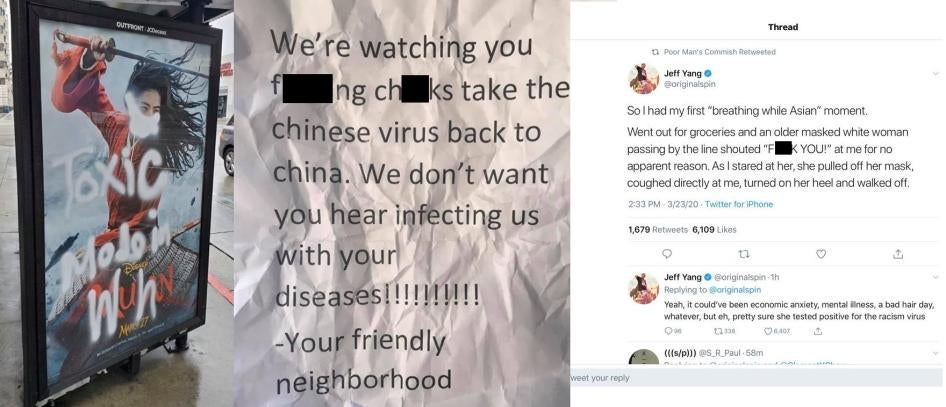 From left to right: Image of a defaced Mulan movie poster in Pasadena, California, racist note left on front door of Hmong-American family in Woodbury, Minnesota, and tweet by Asian-American writer, Jeff Yang. 