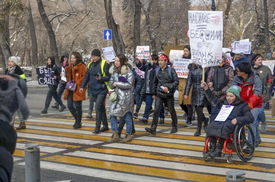 Marchers in Almaty celebrating International Women's Day, Kazakhstan, March 8, 2020.
