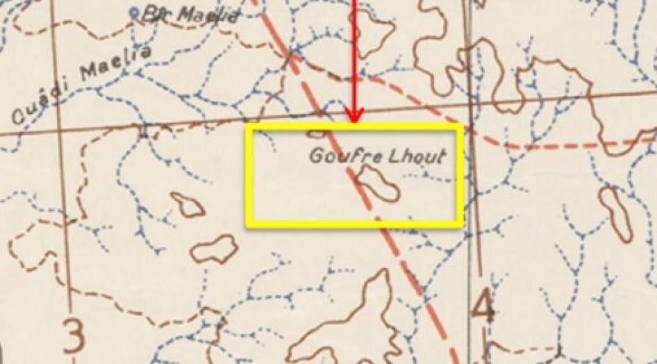 Dans cette carte topographique française de 1939, la gorge d’Al-Hota était dénommée « Gouffre Lhout » (orthographiée « Goufre » par erreur).