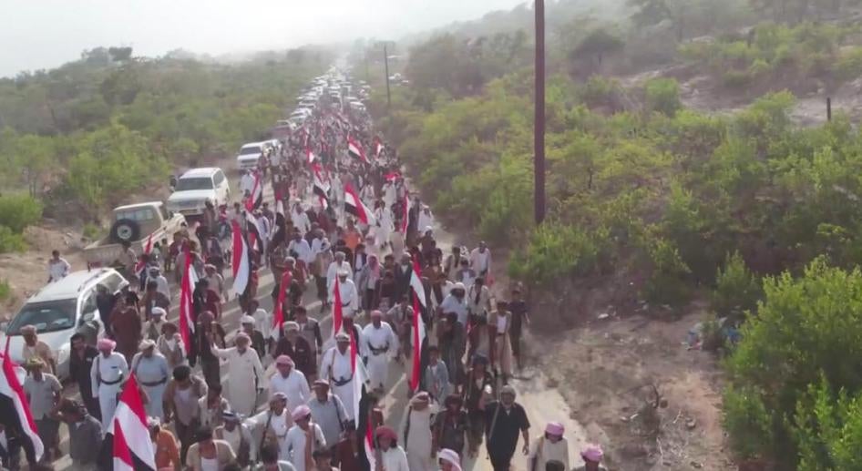 Une marche de résidents du district de Houff, dans la province de Al-Mahrah au Yémen, tenue le 4 mai 2019 pour protester contre la présence continue de forces saoudiennes dans cette région.