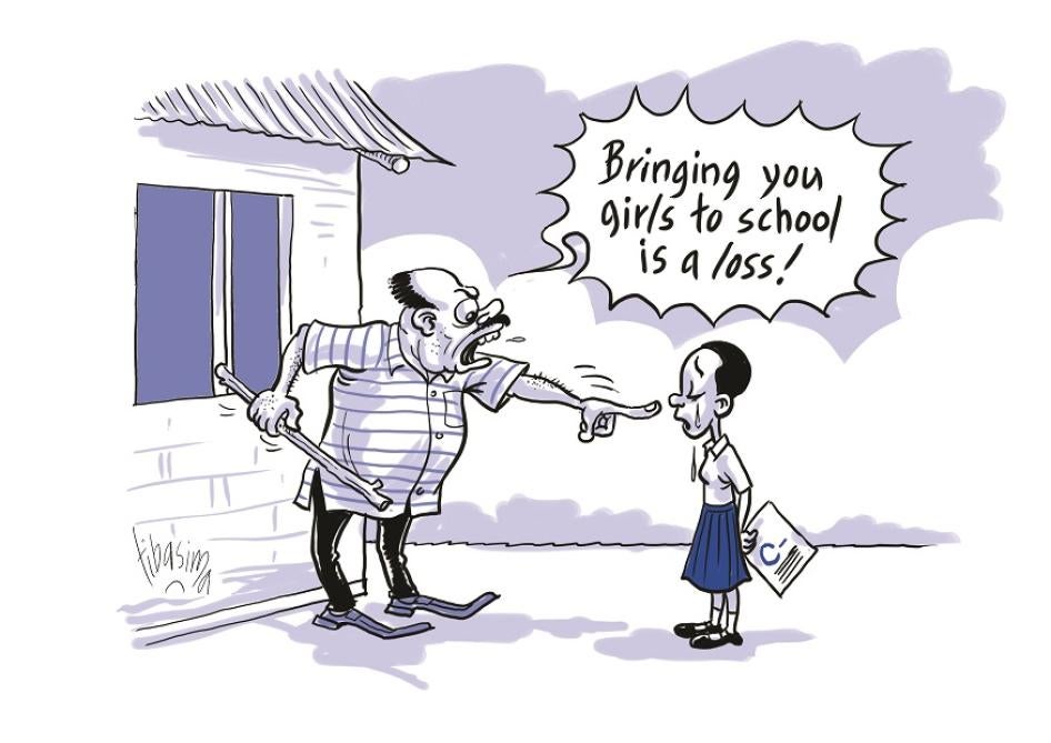Caricature illustrant l'attitude discriminatoire contre l'éducation des filles, dans certains pays africains (comme la Tanzanie). Le père s'exclame : « Emmener des filles comme toi à l'école, cela représente une perte! »