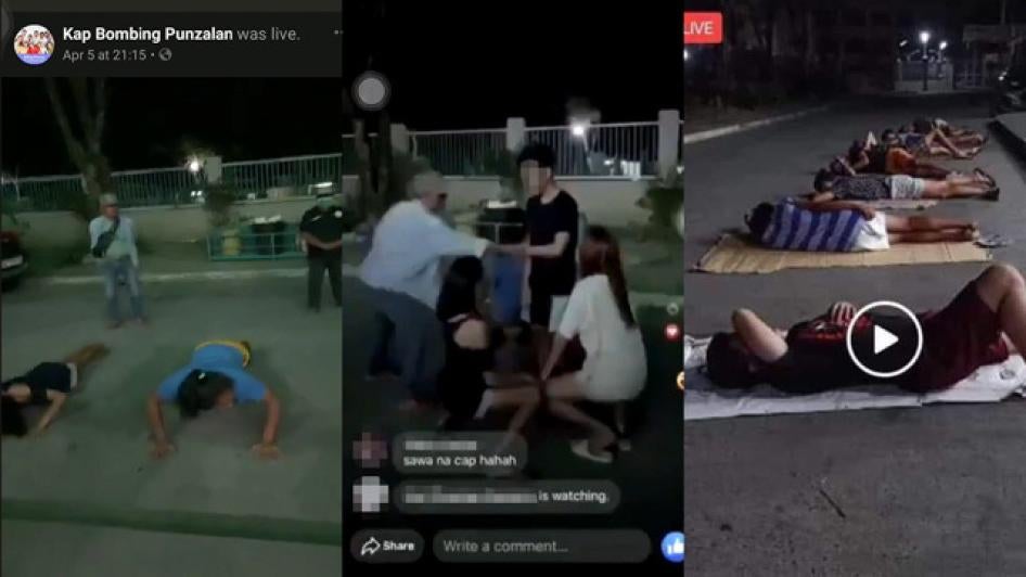 Screenshots of videos showing humiliation of LGBT people amid coronavirus curfew in Pandacaqui, Pampanga province, Philippines, April 5, 2020.