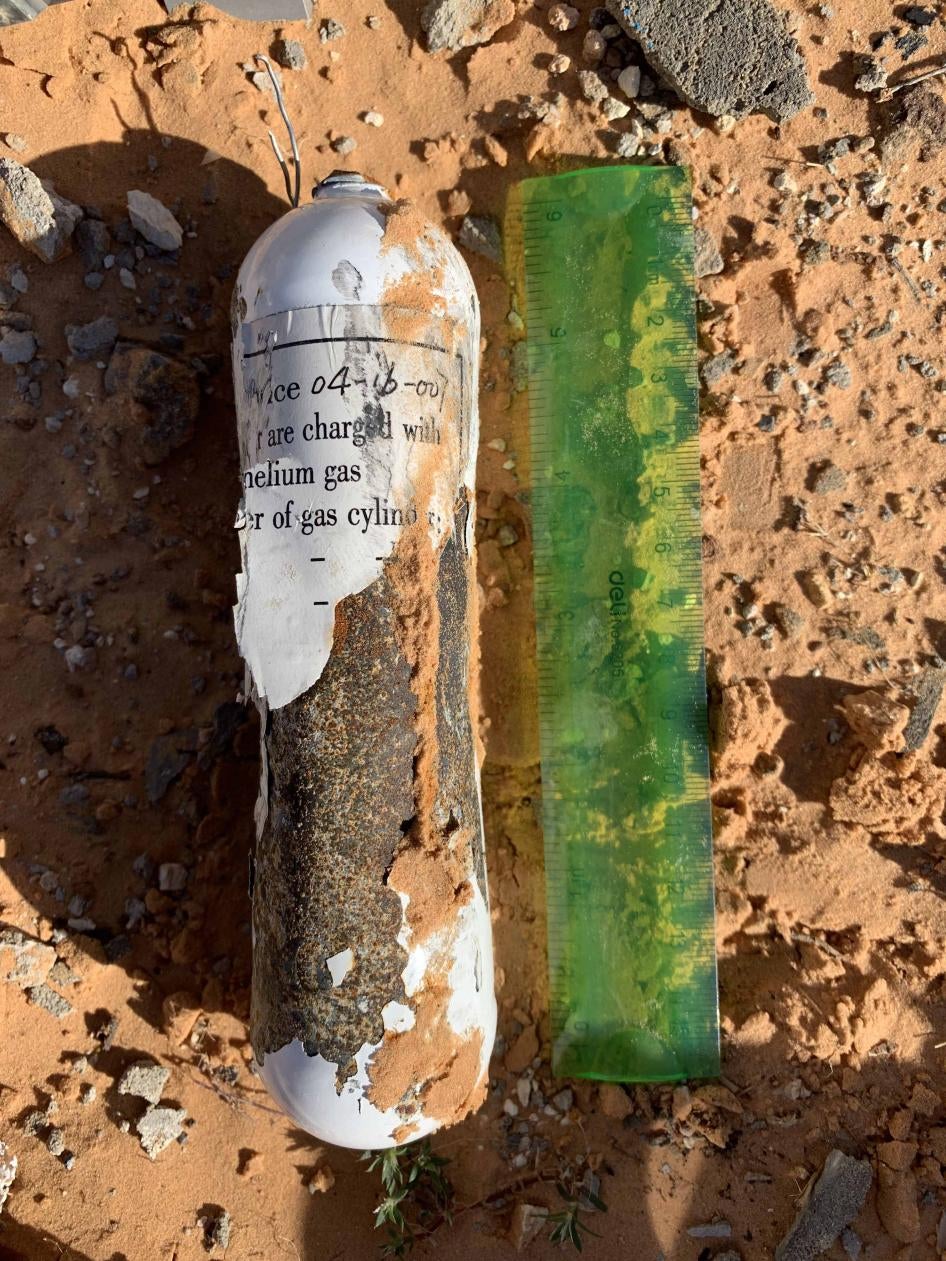 A gas bottle from a Blue Arrow 7 air-to-surface missile delivered by a Wing Loong II drone; Wadi Al-Rabie, Libya, December 2019.