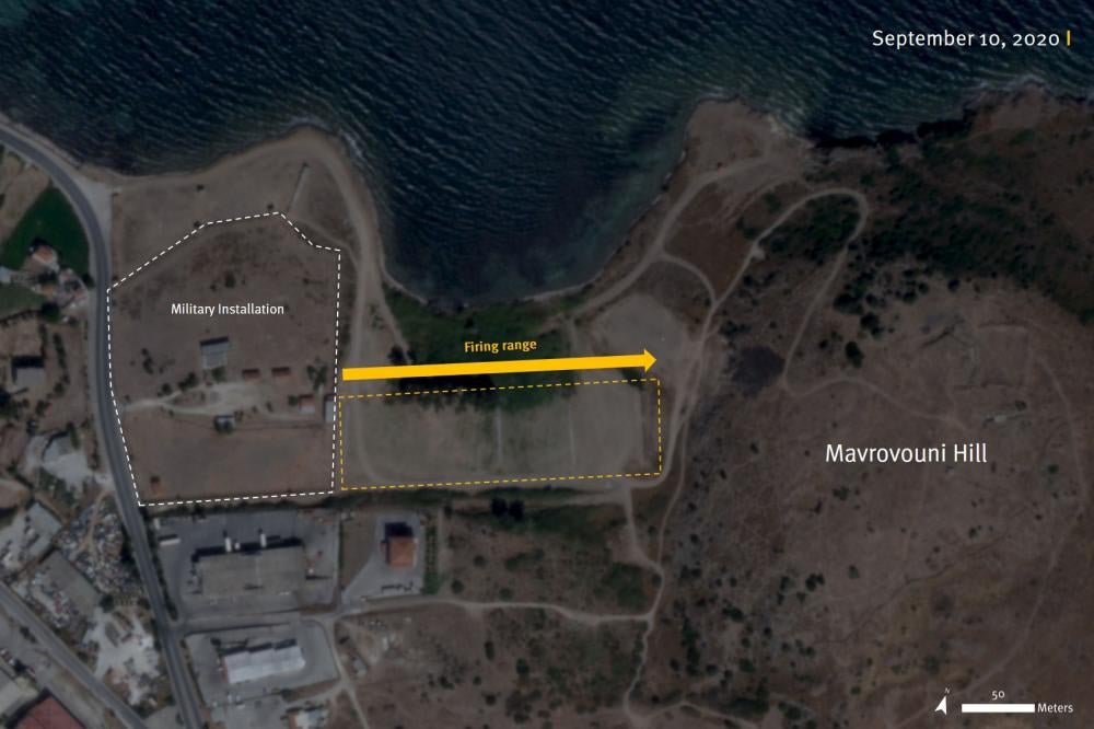 Mavrovouni camp with at least 200 tents located on the former firing range strip.