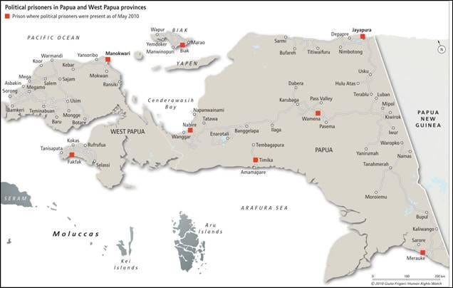 Map indicating political prisoners were present in Fakfak, Manokwari, Biak, Nabire, Timika, Wamena, Jayapura, and Merauke as of May 2010