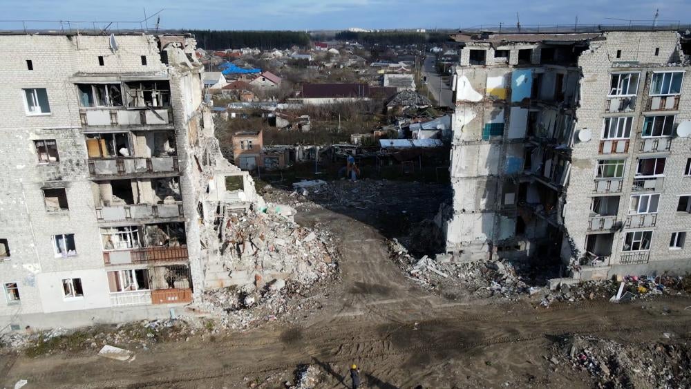 Izium, Ukraine - Building destroyed.