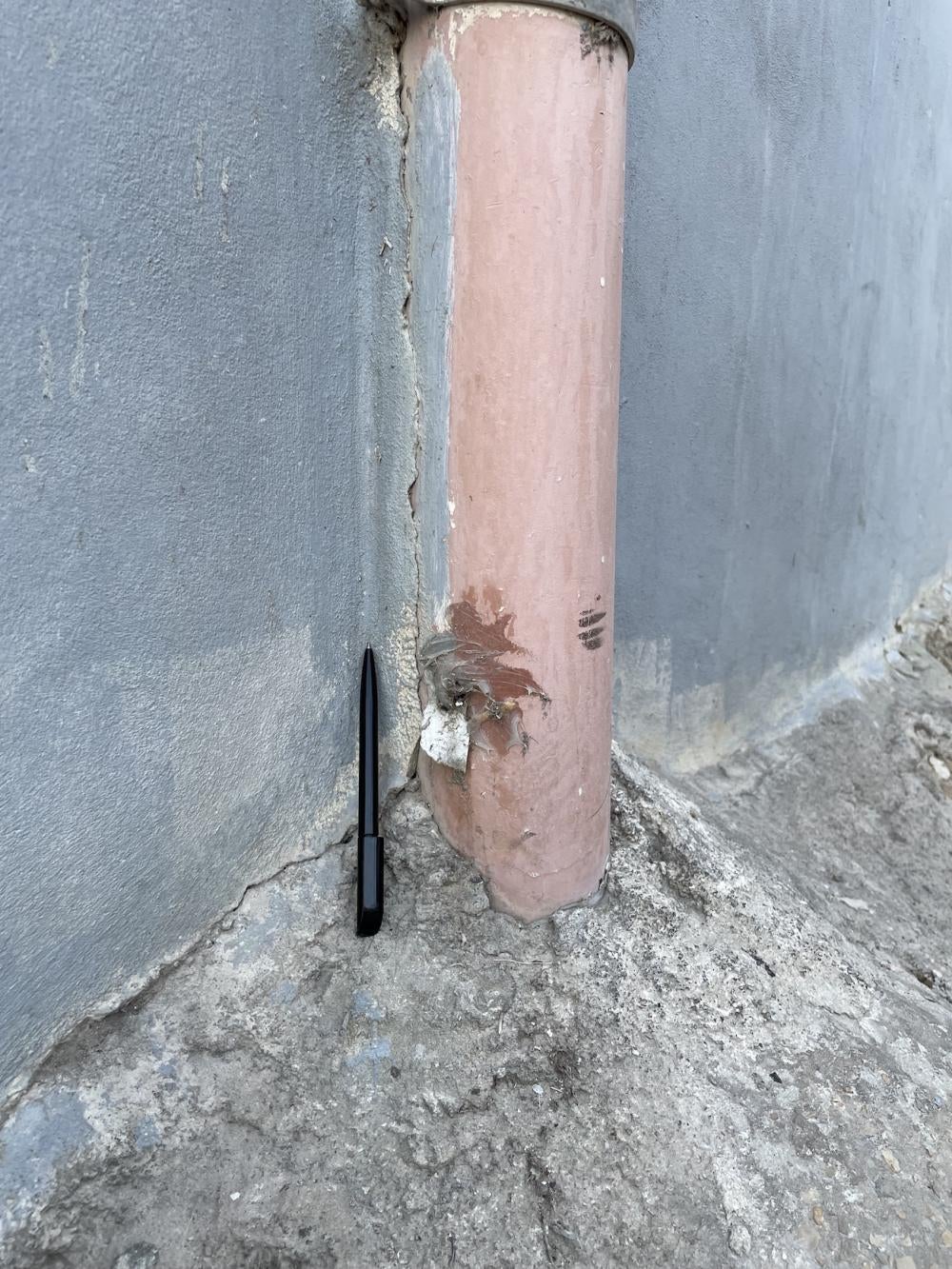 Damage to a pipe at a residential home caused by one of multiple bullets fired at the group of youths confronting Israeli forces in Deheisheh refugee camp, May 5, 2023. The shooting killed Adam Ayyad and wounded a 13-year-old boy. 