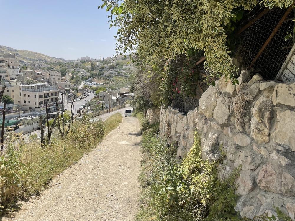 The hillside in Silwan, East Jerusalem, where an Israeli police officer fatally shot Wadea Abu Ramuz on January 25, 2023 while he was with a group of youths launching fireworks at Border Police vehicles on the street below, May 5, 2023.