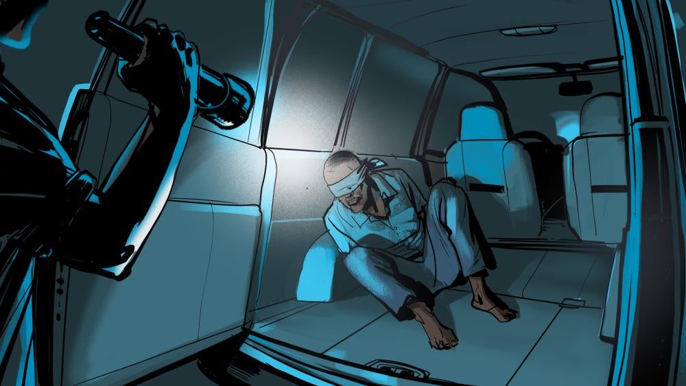 Illustration of a blindfolded man in the back of a van with a flashlight being shined on him