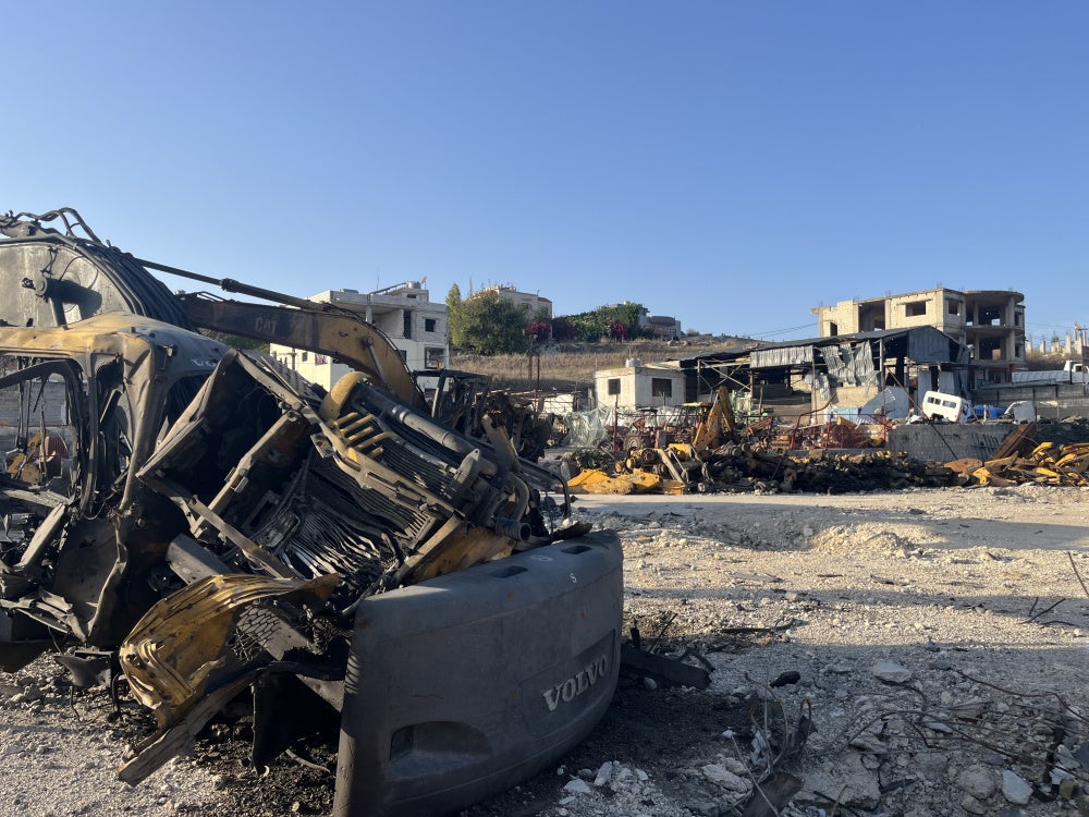 Damaged heavy machinery from an Israeli airstrike on September 3, 2025 on Ansariyeh, southern Lebanon.