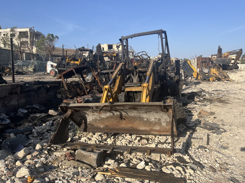 A destroyed bulldozer and other damaged heavy machinery from an Israeli airstrike on September 3, 2025 on Ansarieh, southern Lebanon.