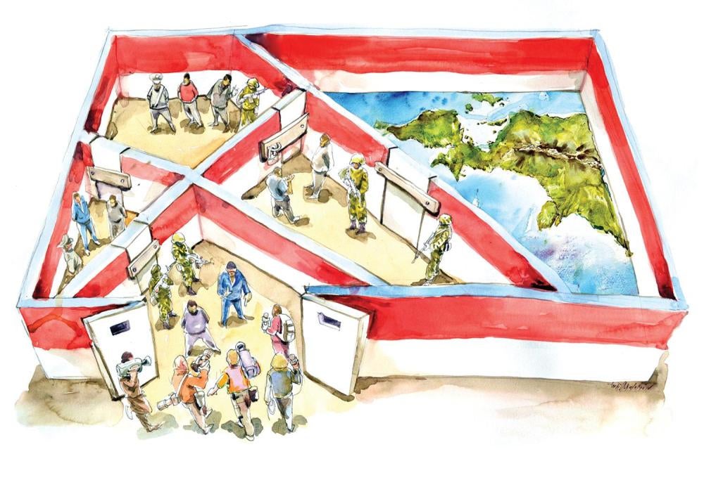 Caricature illustrant le labyrinthe d’obstacles imposés par le gouvernement indonésien aux journalistes ou chercheurs étrangers souhaitant se rendre dans la province indonésienne de Papouasie (partie occidentale de l’ile de la Nouvelle-Guinée) afin d’y en