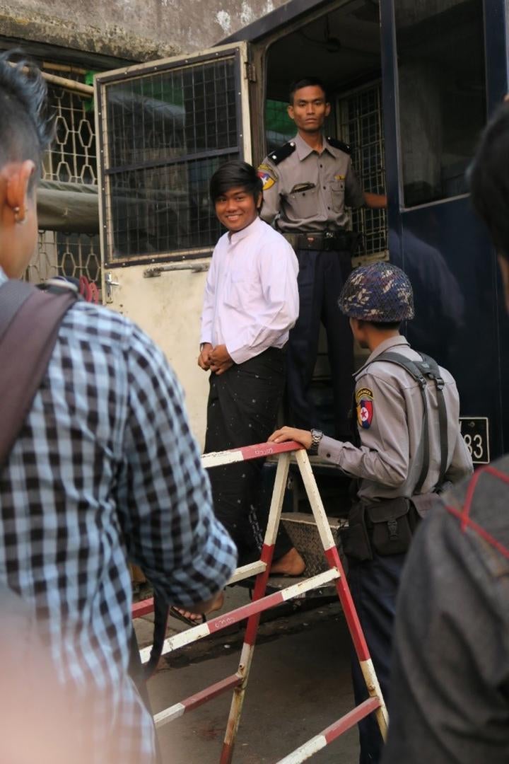 Student Zeyar Lwin arrives at a Rangoon courthouse on January 12, 2016, to face charges for staging a protest calling on the military to relinquish its role in government. 