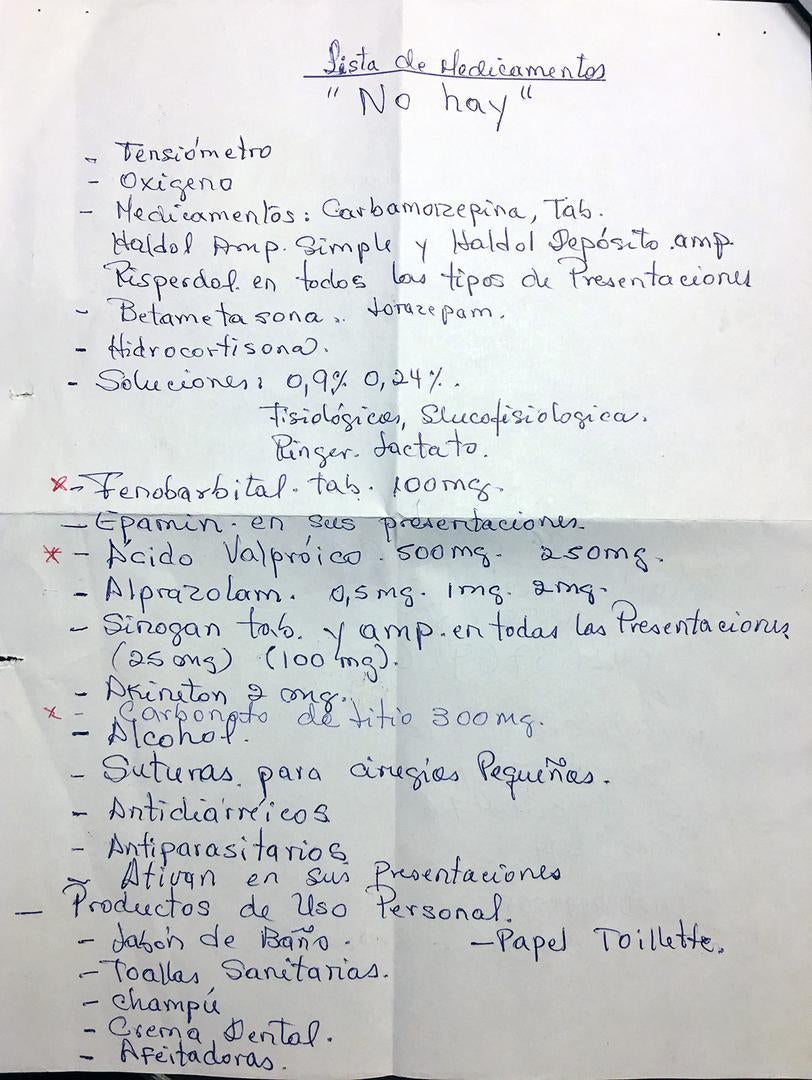 Nota escrita a mano por una enfermera, en la cual enumera medicinas e insumos faltantes en un hospital psiquiátrico en el estado de Trujillo, junio de 2016. 