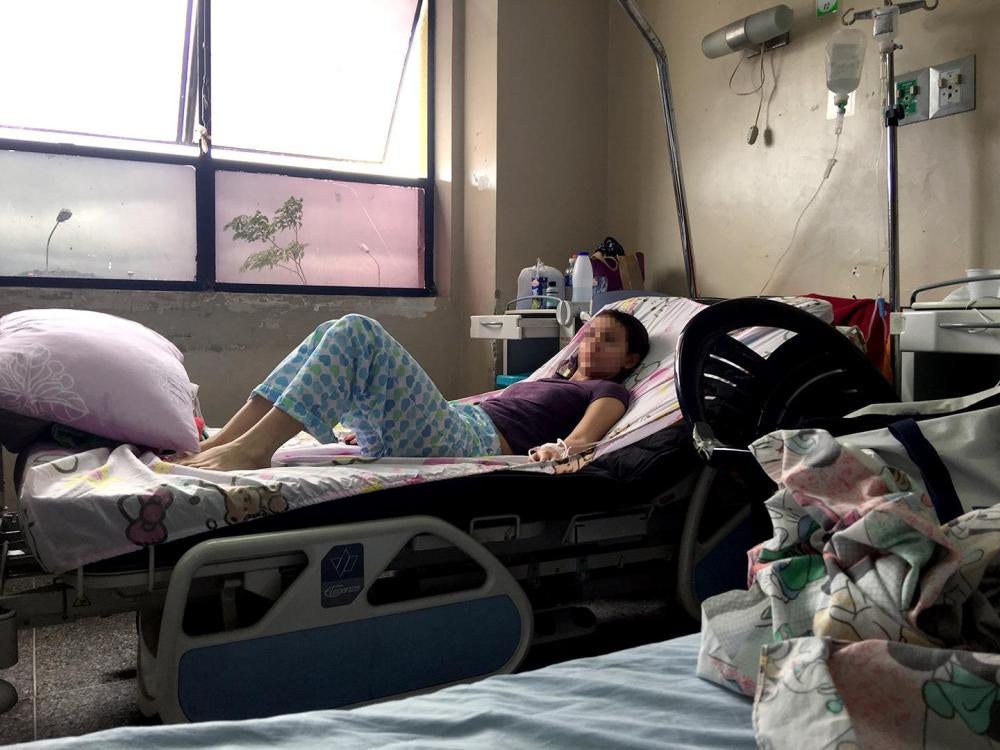 A patient with appendicitis, June 2016. Because of shortages at the hospital, she was responsible for obtaining her own medicines and supplies for surgery. She was unable to obtain antibiotics, leaving her at risk of post-surgery infection. 