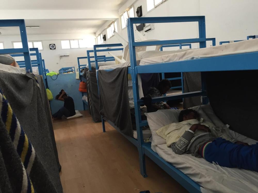 Bunk beds in the smaller room at the Pozzallo “hotspot,” where adult men and unaccompanied children are sleeping next to each other. On June 9, 2016, the center held 185 children who were traveling alone, and some girls complained of sexual harassment. 