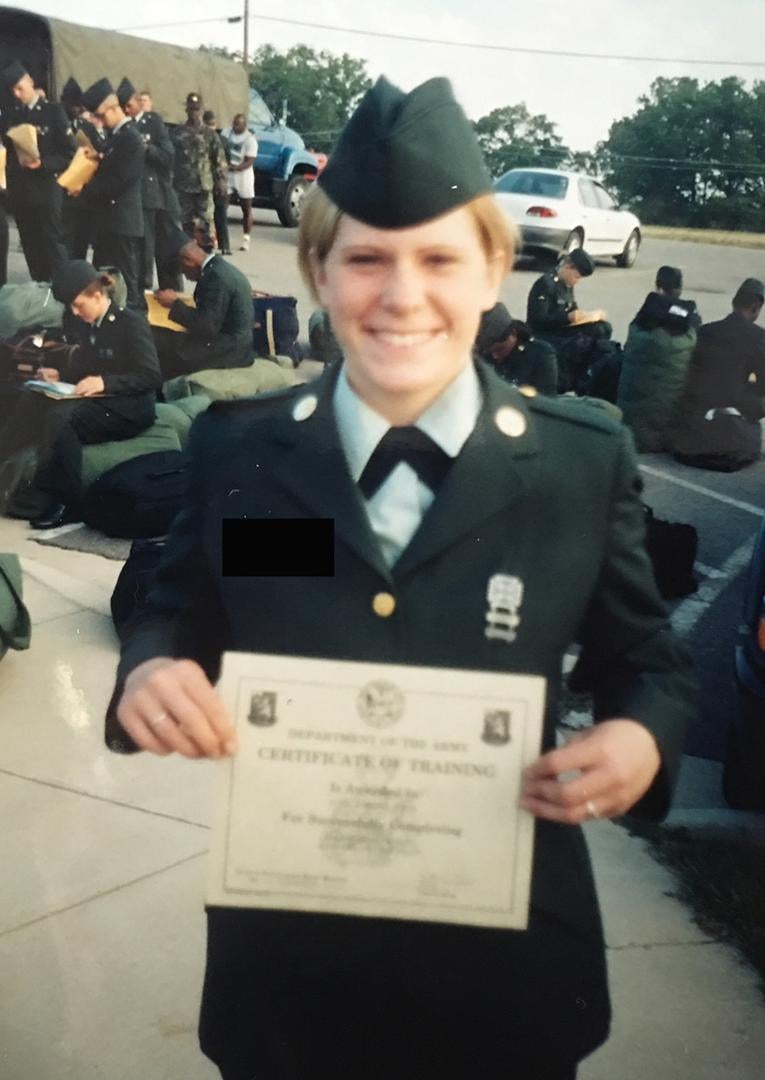 Eva Washington after finishing boot camp in 2000. She was raped repeatedly while in training for Army Intelligence and given a Personality Disorder discharge without having a medical diagnosis.