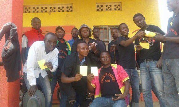 Members of the youth movement Filimbi holding yellow cards in the eastern city of Bunia.  Police arrested Filimbi activist Joseph Ubegiu at midday as he was heading towards a planned demonstration. Later that day, authorities arrested two other protesters