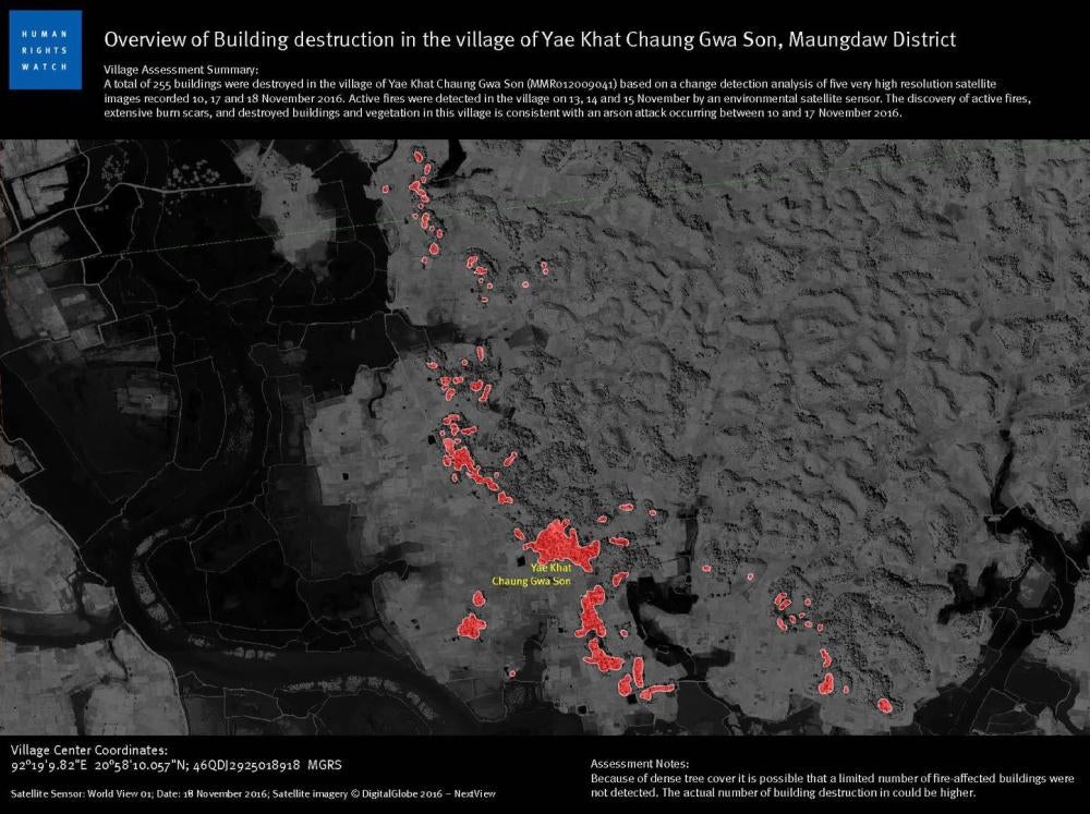 Overview of Building destruction in the village of Yae Khat Chaung Gwa Son, Maungdaw District 