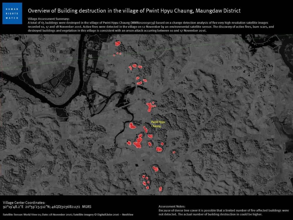 Overview of Building destruction in the village of Pwint Hpyu Chaung, Maungdaw District 