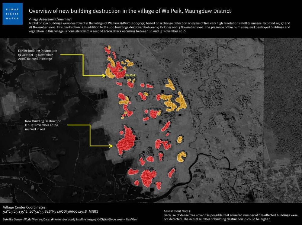 Overview of new building destruction in the village of Wa Peik, Maungdaw District.