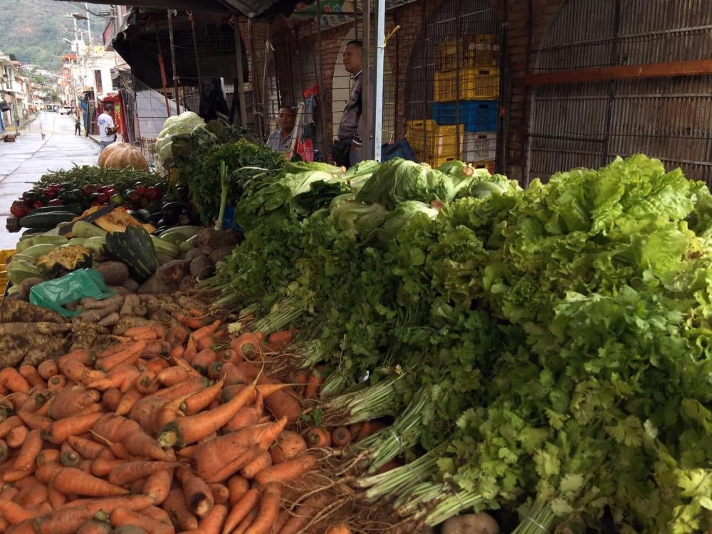 Las frutas y verduras atraen a unos pocos clientes en un mercado en el estado de Trujillo, donde, para quienes cobran un salario mínimo, los alimentos no regulados se han tornado excesivamente costosos, junio de 2016. 