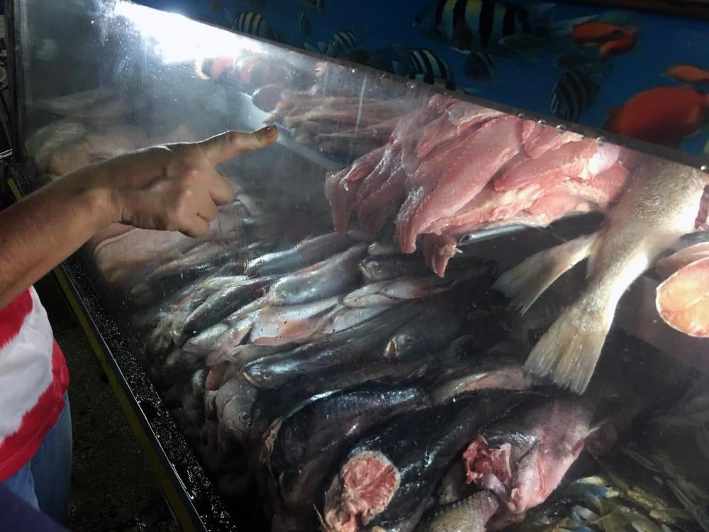 Para aquellos que cobran un salario mínimo, el pescado y la carne en mercados como éste, en el estado de Trujillo, donde no se venden productos regulados, se han tornado excesivamente costosos, junio de 2016. 