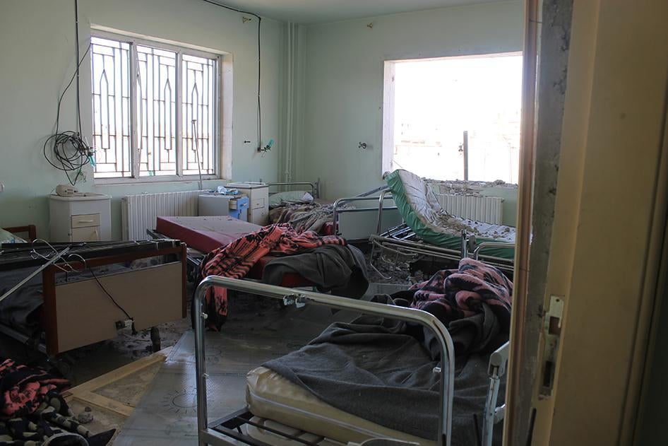 A damaged room in the Azaz Women and Children’s Hospital. A representative of Syria Charity, which runs the hospital, told Human Rights Watch three rooms could no longer be used.