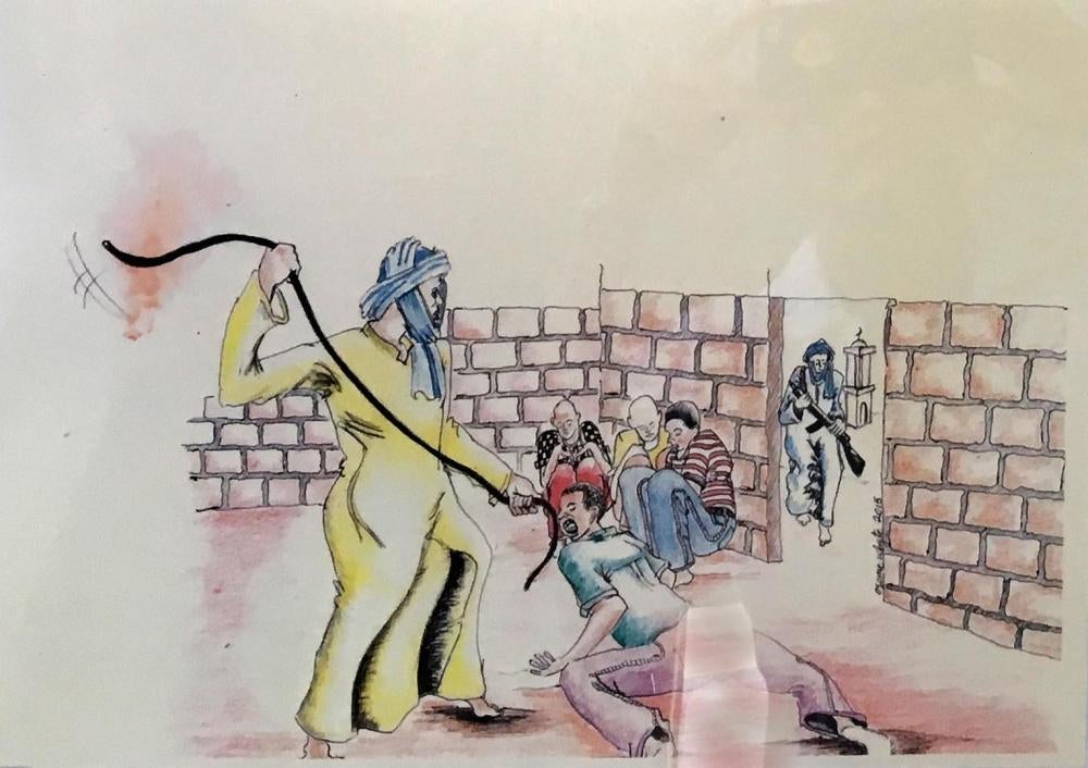 “Libya,” drawing by a Senegalese man hanging in the Villa Sikania reception center in Sicily, Italy.