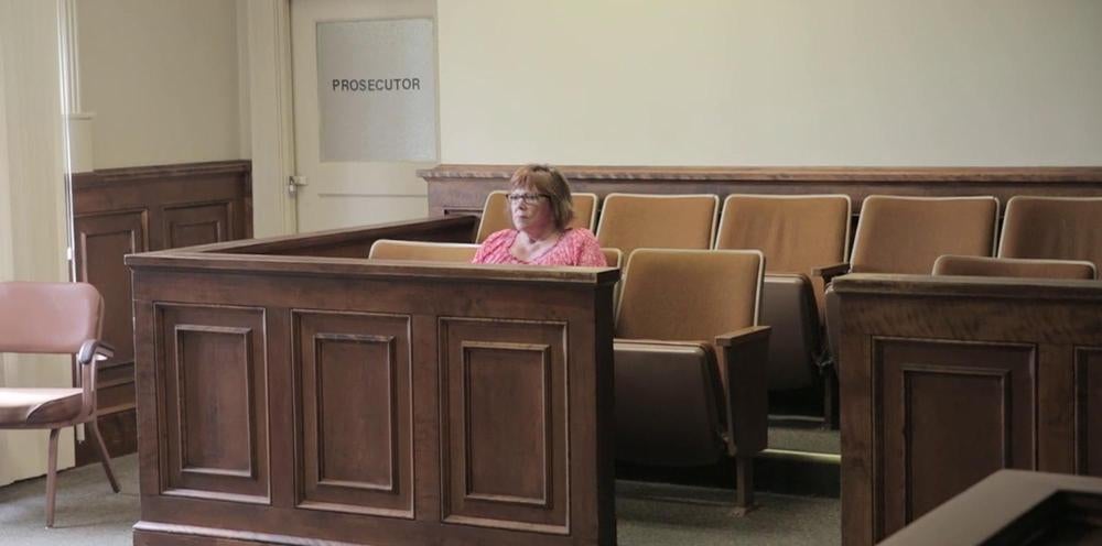 Lindy Lou Wells in the same jury box seat where she sat for the Bobby Wilcher death penalty trial. 